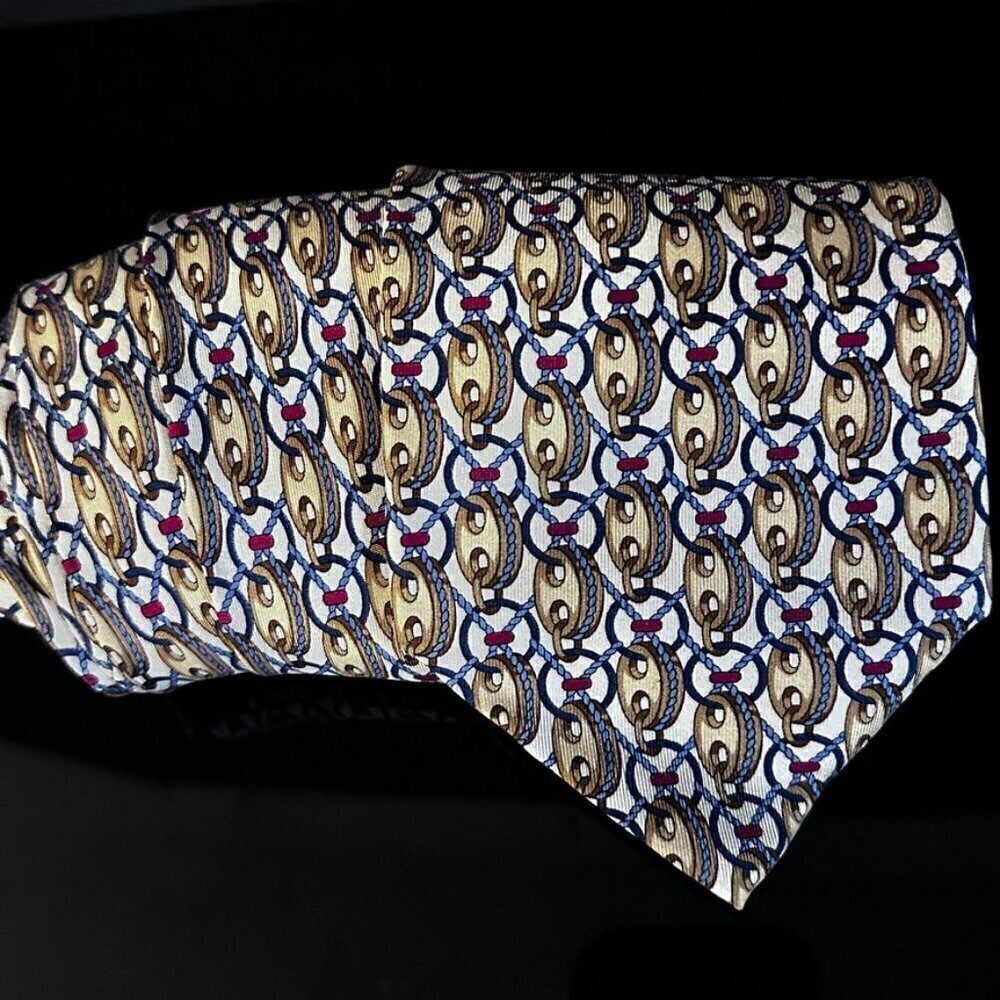 Gucci Gold Silk Tie Link Chain EUC Neckwear White Baroque rococo VTg